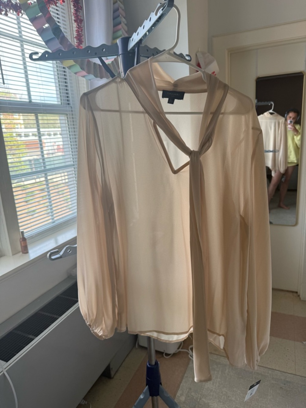 Tahari Sheer Tie-Neck Blouse in Soft Cream